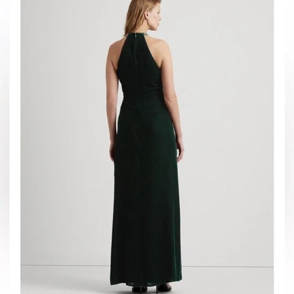Lauren Ralph Lauren Size 2 Adelbola Green Velvet Beaded Halter Gown Maxi Dress - Picture 7 of 7